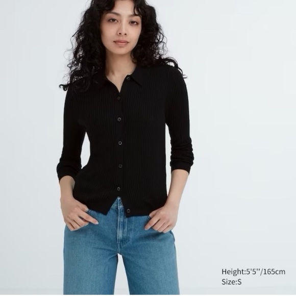 NWT 100% Extra Fine Merino Wool Ribbed Long Sleeve Polo Cardigan Black XL - Picture 2 of 15